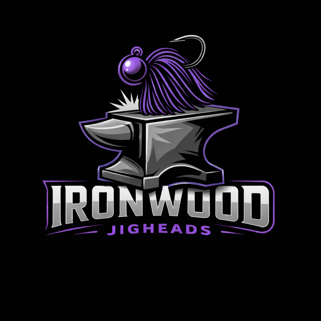 Logo of Ironwood Jigheads with a purple fishing lure on a black background